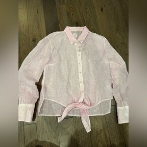 120% Lino Italian Light Pink Linen Tie-Front Button-Up Shirt